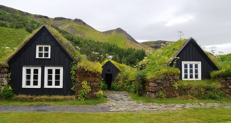 Traditional turf houses in a grassy landscape.