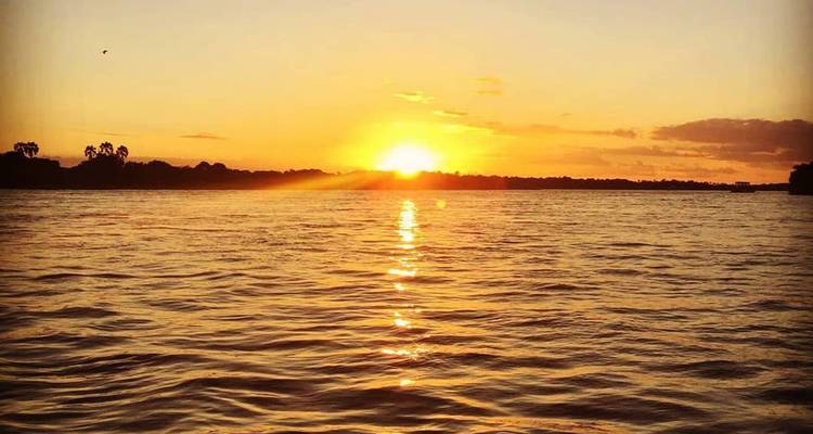 Un sol ardiente se pone sobre el agua tranquila del río, proyectando reflejos dorados en las olas.