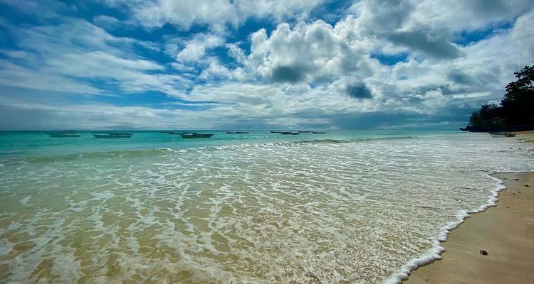 Las olas color turquesa del Océano Índico lamen una playa tropical prístina bajo un cielo parcialmente nublado.