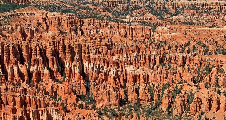 Vast landscape of orange rock formations and spires.