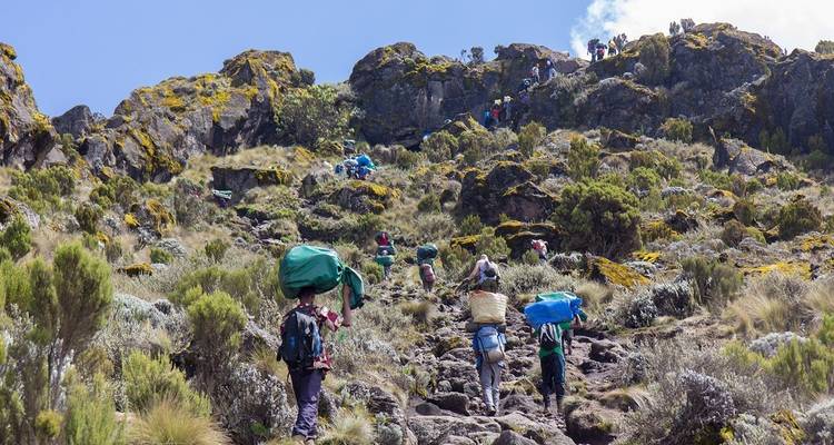 Gruppe von Bergsteigern, die einen rauen Bergpfad hinaufwandern.