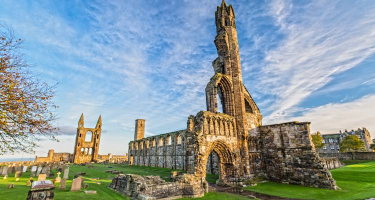 Ruines de la cathédrale de St Andrews avec de hautes arches de pierre illuminées par la douce lumière matinale.