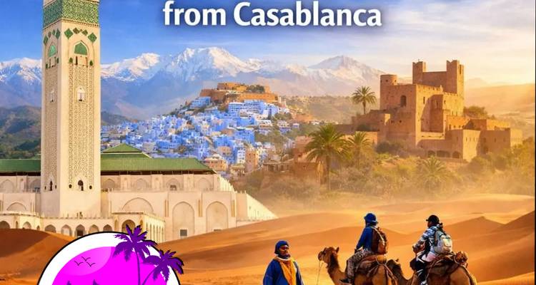 Collage promotionnel avec texte de grande taille, un minaret, une ville de montagne bleue, une forteresse du désert et des touristes sur des chameaux.