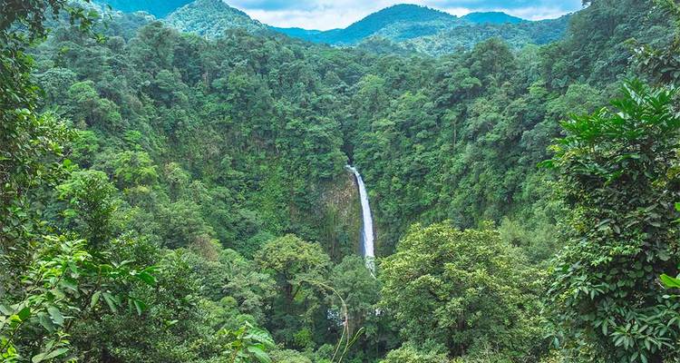 Vue aérienne d'une haute cascade au milieu d'une forêt verte dense, probablement dans la région d'Arenal.