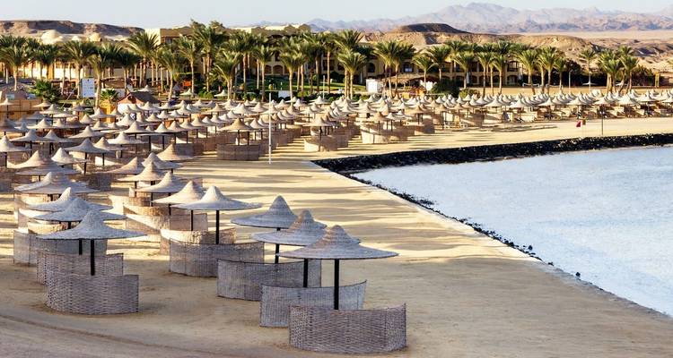 Une plage avec des parasols de paille alignés le long de la côte.
