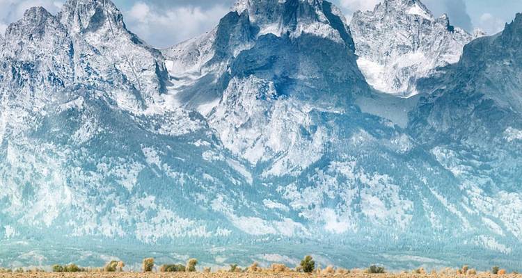 Los picos espolvoreados de nieve de la Cordillera Teton se alzan abruptamente detrás de una llanura de artemisa bajo un cielo azul.