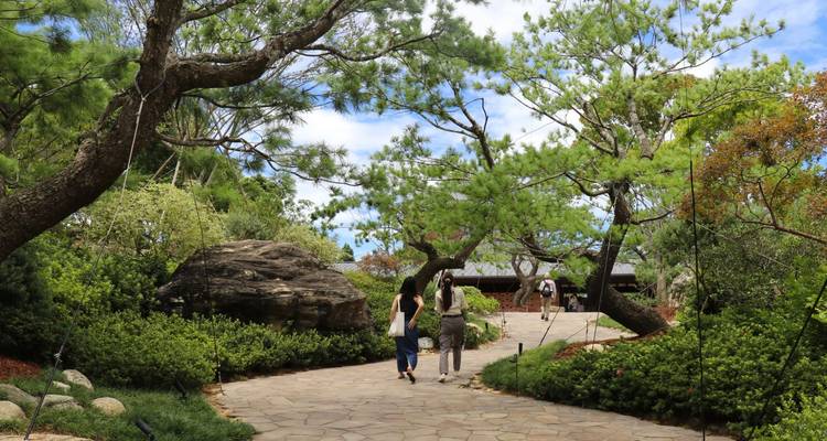 Des gens se promenant le long d'un sentier de jardin paysager.