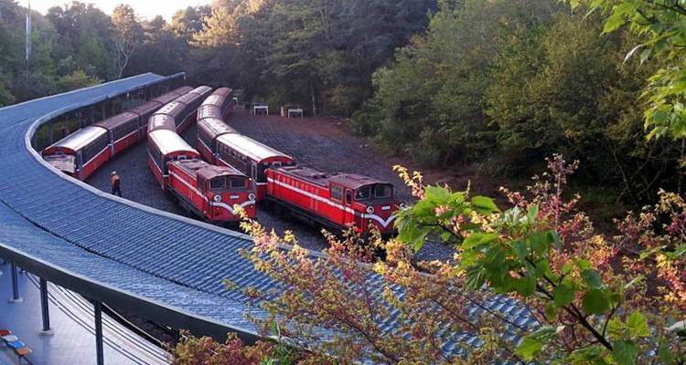 Curved railway track with a series of red trains in a forested area.