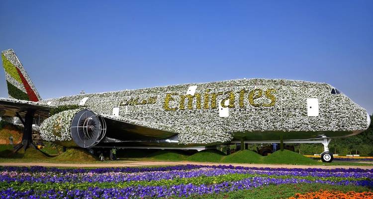 Escultura floral de un avión de los Emiratos en un jardín.