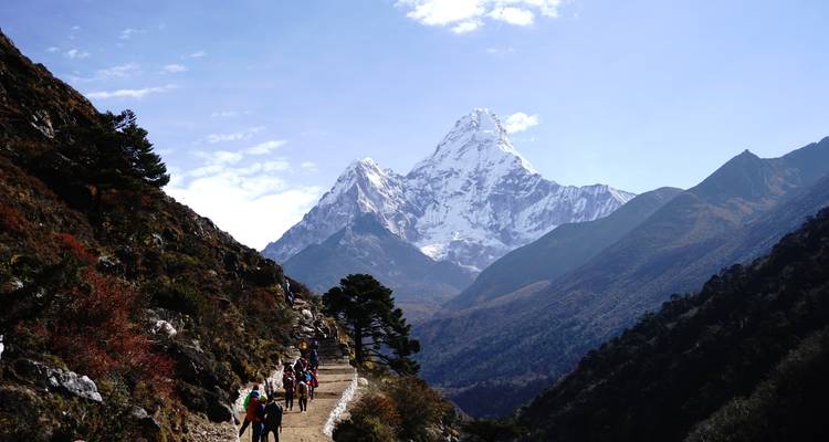 Trail with hikers leading toward snow-capped mountains under a clear sky.