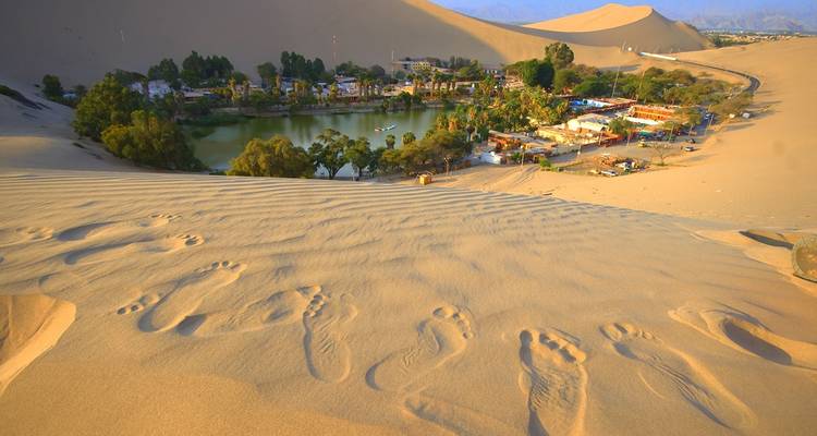 Oasis entourée de dunes de sable et d'empreintes de pas éparses.