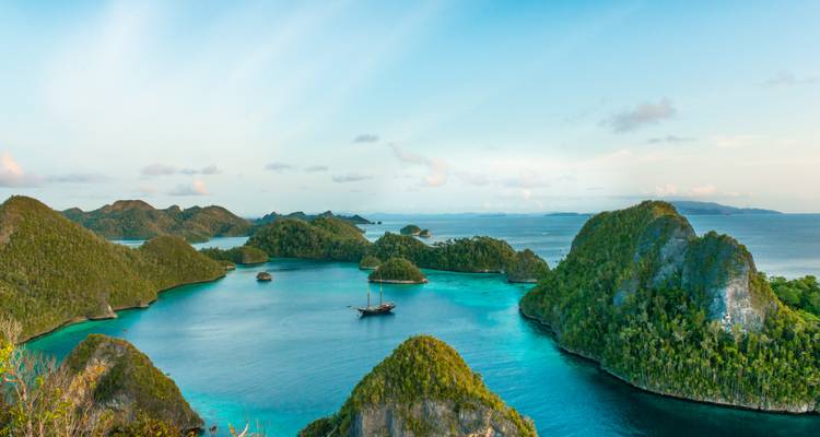 Panoramisch uitzicht op smaragdgroene kalkstenen eilandjes en kristalhelder water van Raja Ampat onder een heldere blauwe hemel