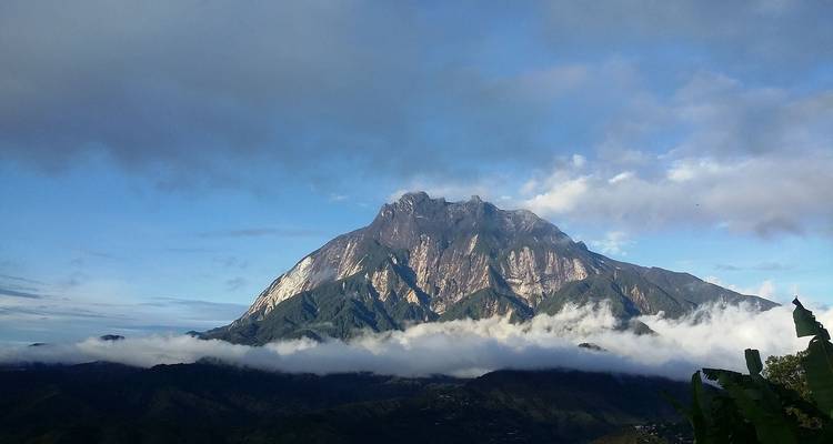 Bewolkte bergtop met weelderig groen eronder.