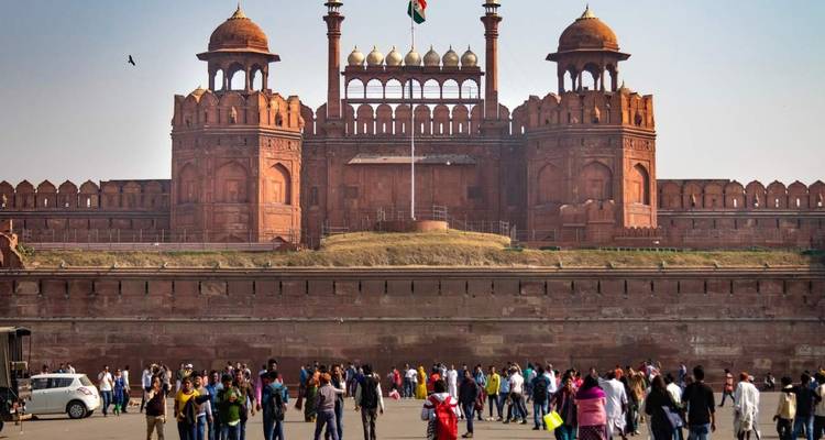 Red Fort with visitors gathered in front.