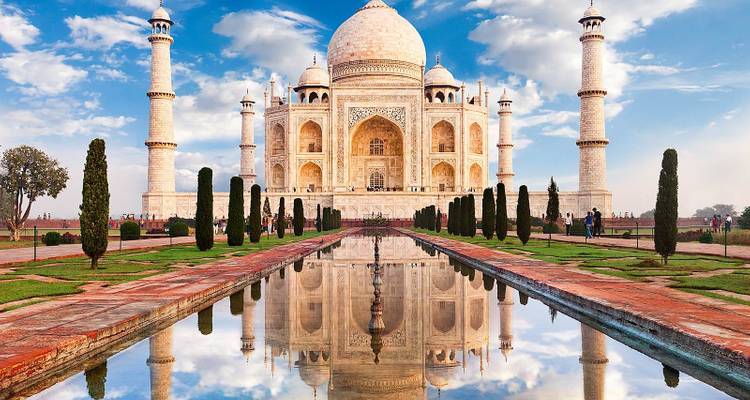 Taj Mahal with its reflection in the foreground pond.