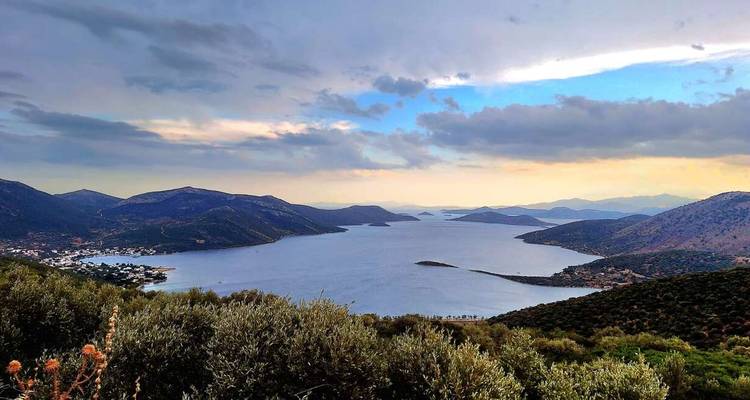 Expansive view over an island-studded bay framed by olive groves and layered mountains beneath a moody evening sky.