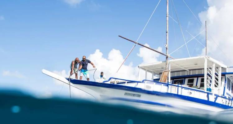Twee mannen staan aan de boeg van een blauw-witte boot een touw voor te bereiden, gedeeltelijk boven en gedeeltelijk onder het wateroppervlak gefotografeerd.