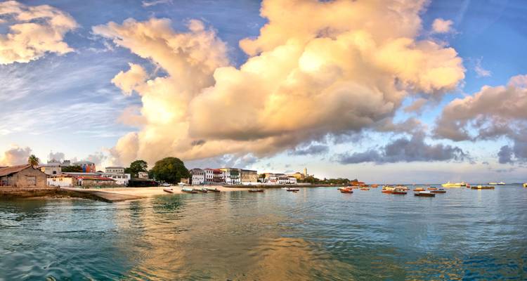 Vista panorámica de Stone Town al atardecer con barcos.