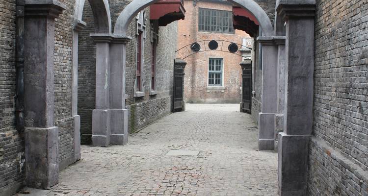 Cobbled alley with brick buildings.