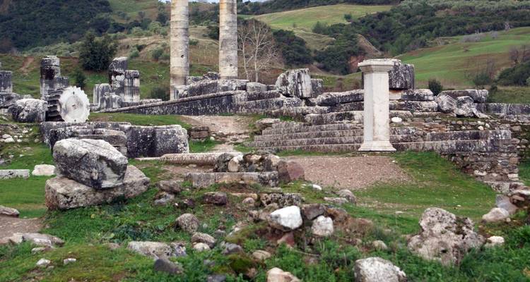 Ruines anciennes avec un environnement herbeux.
