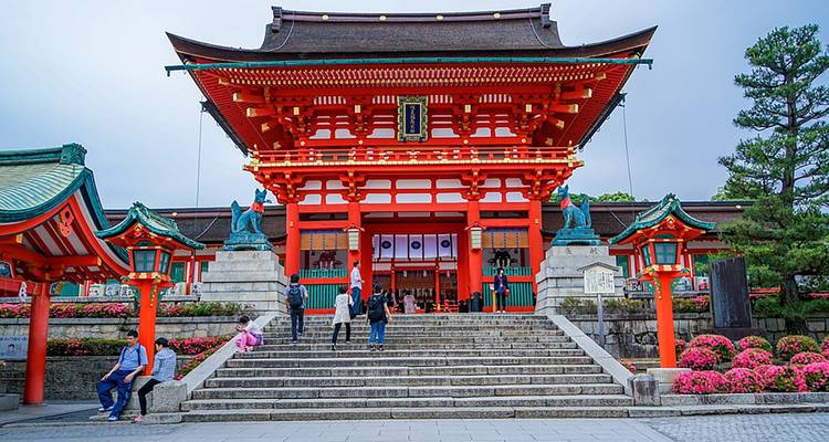 Entrada a un santuario japonés tradicional con torii rojos brillantes y escalones.