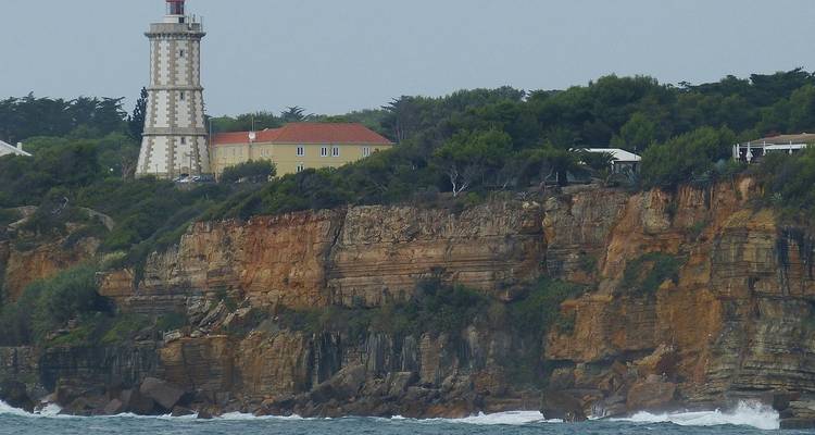 Faro en una costa rocosa con árboles.