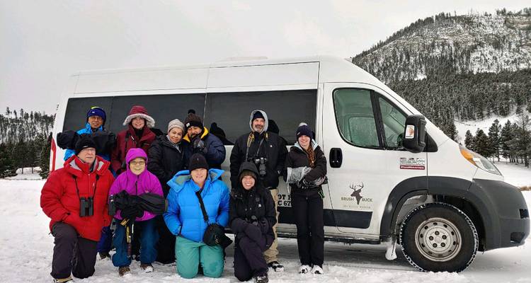 Un groupe de touristes emmitouflés pose devant un van de safari blanc sur le bord d'une route enneigée.