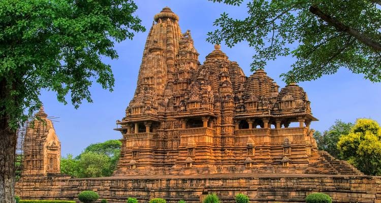 Intricately carved Hindu temple in Khajuraho.