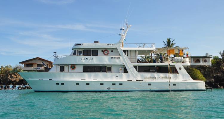 Weißes Boot 'Eden' vor Anker in der Nähe einer Küstenlinie mit Gebäuden.