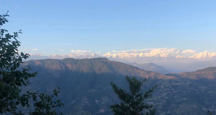 Panoramisch uitzicht op beboste heuvels met de verafgelegen met sneeuw bedekte Himalaya's onder een heldere ochtendhemel.