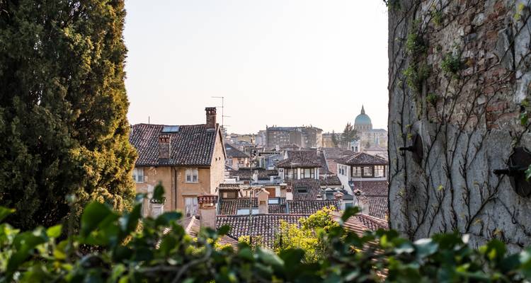 Vista de la ciudad enmarcada con tejados de azulejos y una cúpula lejana, vista a través de vegetación y muros de piedra