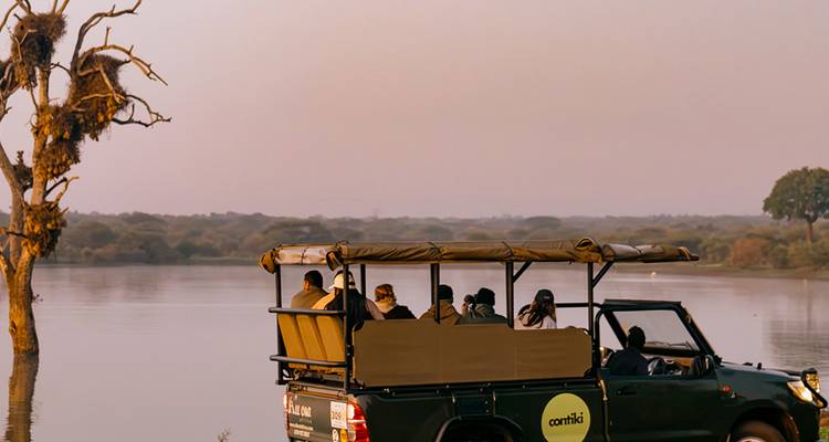 Vehículo safari abierto estacionado junto a un río tranquilo al atardecer con un árbol solitario en la distancia.