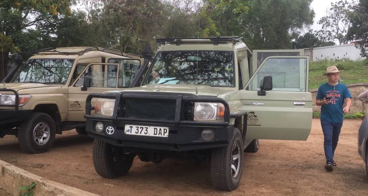 Two safari vehicles parked with a person standing next to them