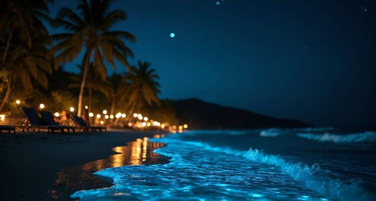 Nachtscène van een strand met gloeiende golven en lichten.