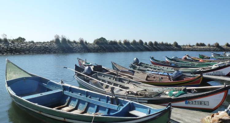 Fotografía duplicada de barcos de pesca de madera amarrados en la laguna de Aveiro en un día soleado.