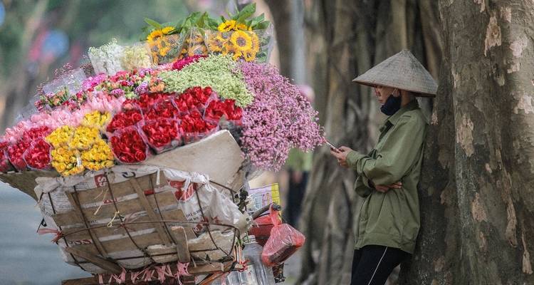Une personne avec un chapeau conique à côté d'une bicyclette chargée de fleurs.