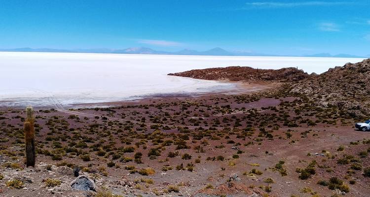 Una vista de un salar con colinas en la distancia.