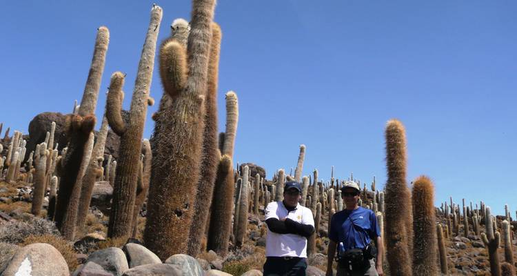 Dos hombres posando entre cactus altos en un paisaje desértico.