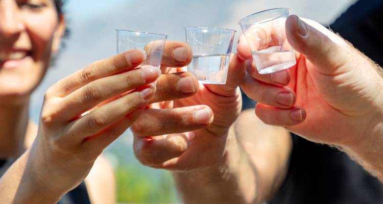 Gros plan de trois amis trinquant avec de petits verres à liqueur remplis d'alcool clair.
