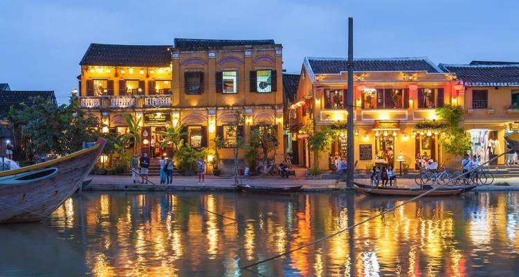Waterfront buildings in Hoi An illuminated at night
