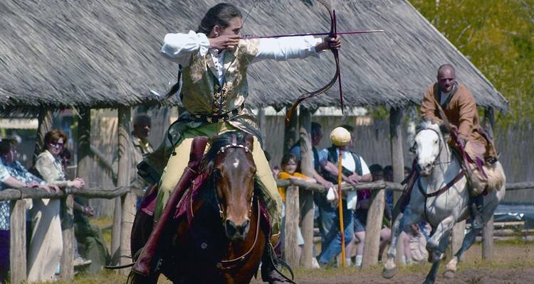 Horseman fires arrow while riding during a traditional Hungarian equestrian show.