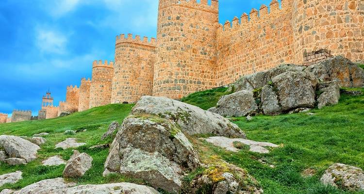 Historic stone walls with towers, surrounded by green landscape.