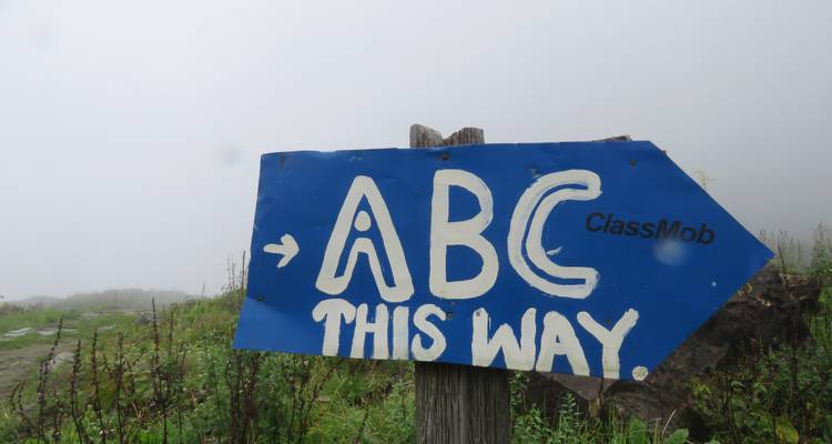 Panneau directionnel pour le camp de base de l'Annapurna dans des conditions de brouillard.