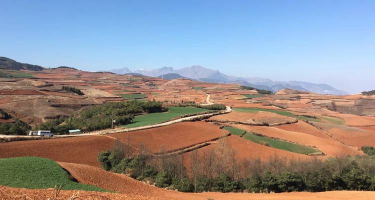 Un patchwork de terres agricoles rouges et vertes s'étend à travers des collines ondulantes sous un ciel dégagé dans la région de terre rouge du Yunnan.