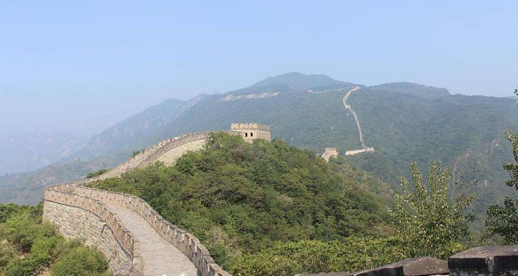 La Grande Muraille de Chine serpentant sur un paysage verdoyant sous un ciel dégagé.