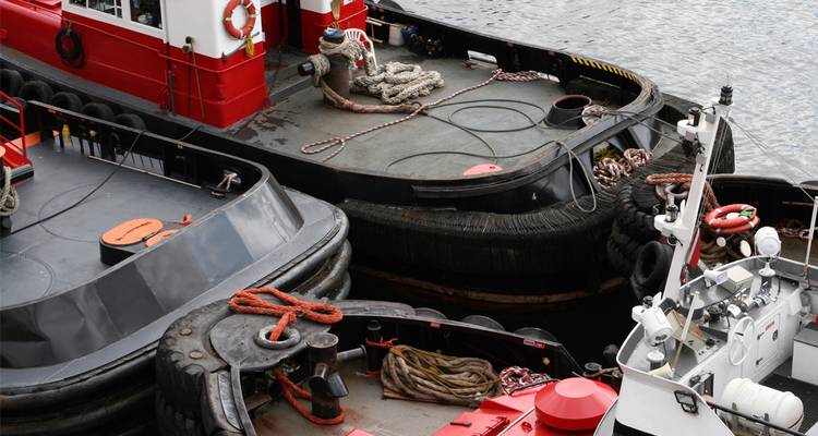 Grupo de remolcadores en funcionamiento con llantas gruesas y cuerdas atadas juntas en un muelle.