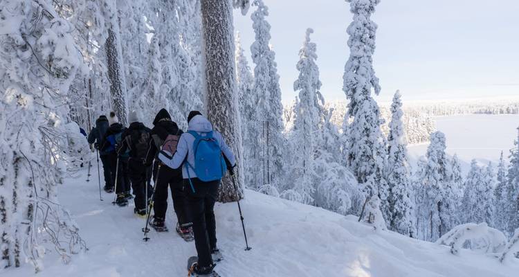 Eine Reihe von Schneeschuhwanderern zieht entlang eines Grats durch stark berefte Fichten mit Blick auf einen gefrorenen See.