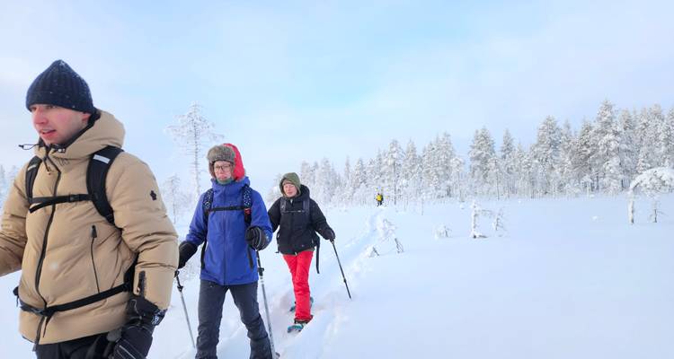 Pequeño grupo camina con raquetas de nieve por un sendero polvoriento a través del brillante bosque invernal en un día despejado.