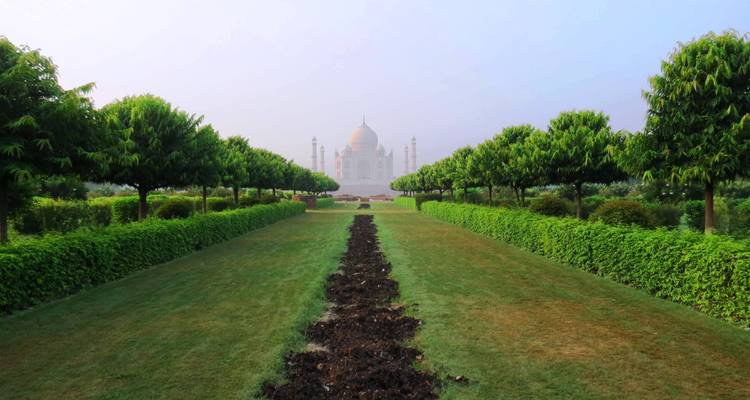 Vista lejana del Taj Mahal desde un jardín bien cuidado.