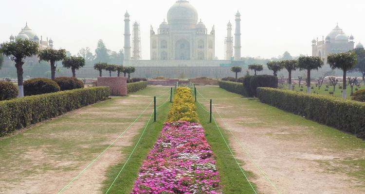 Taj Mahal visto desde un jardín de flores bajo un cielo brumoso.